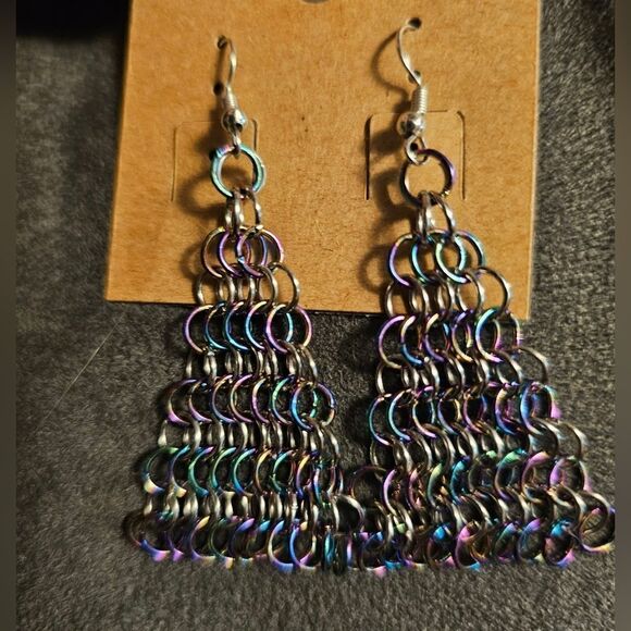Triangle chainmail sterling silver earrings - Picture 1 of 11